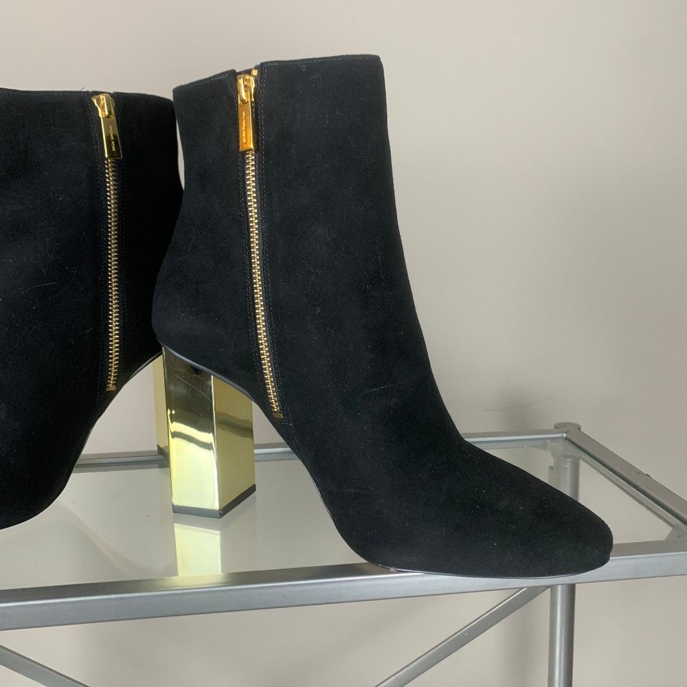 Michael Kors Black Microfiber Ankle Boots with Chunky Gold Heel NWOT - Picture 7 of 12
